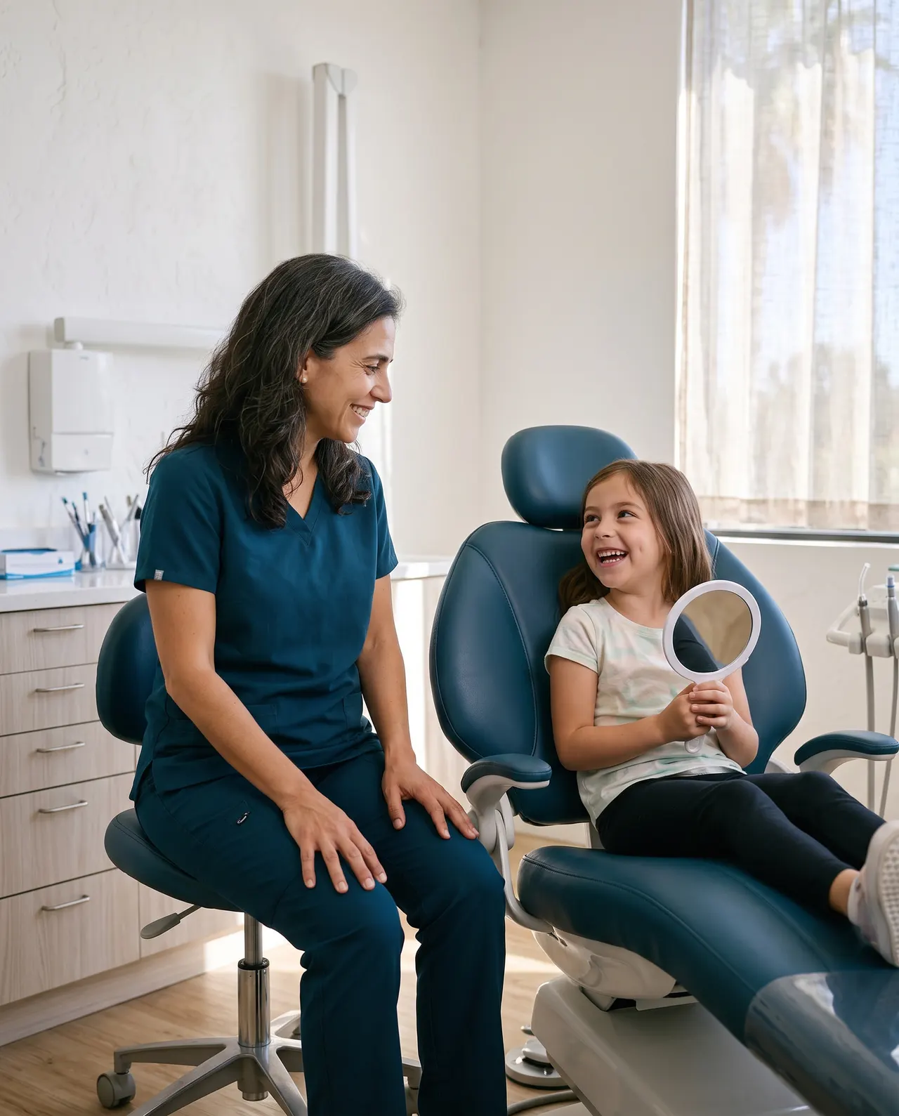 Dr. Marisa Freitas sitting next to a young girl in the dental chair, the girl laughing at her reflection in a hand mirror