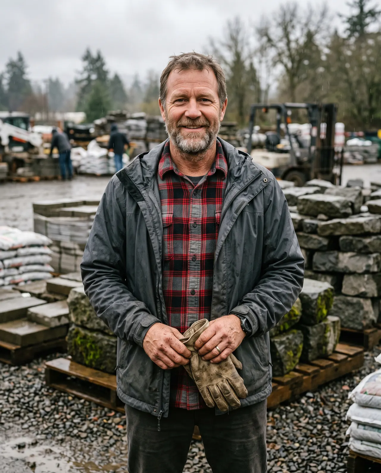 Ben Whitaker, co-owner and construction lead, holding work gloves in front of stacked basalt in the company yard