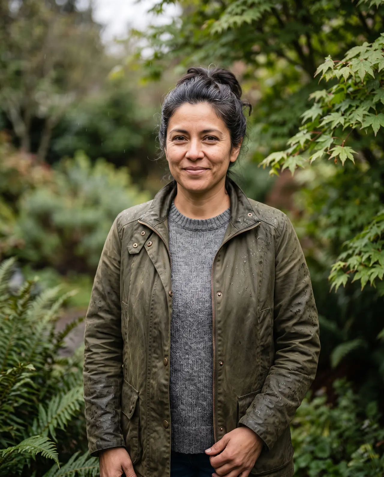 Marisol Ortega, co-owner and landscape designer, standing among sword ferns in light rain