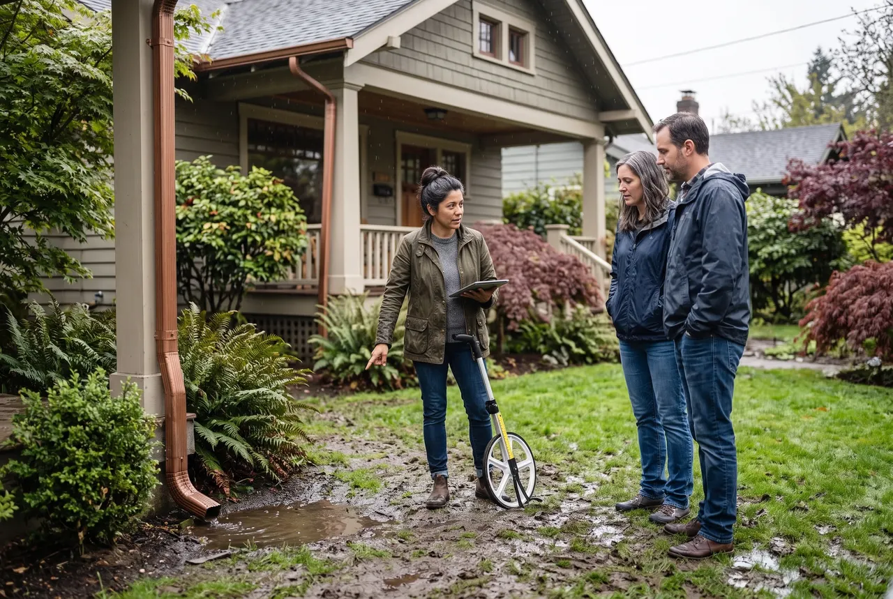 Marisol Ortega on a site visit with two homeowners, pointing at a puddle near a downspout on their front lawn