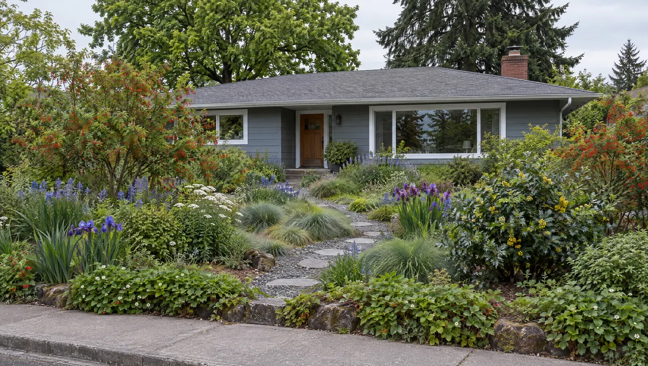 After: the same yard planted with blue camas, purple Oregon iris, fescue tufts, yarrow and Oregon grape along a gravel path