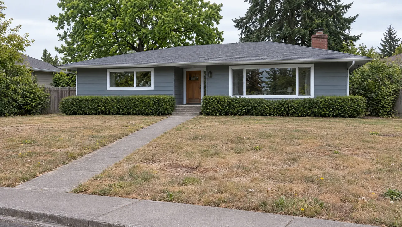 Before: a flat, sun-browned lawn and a straight concrete walk in front of a gray-blue ranch house