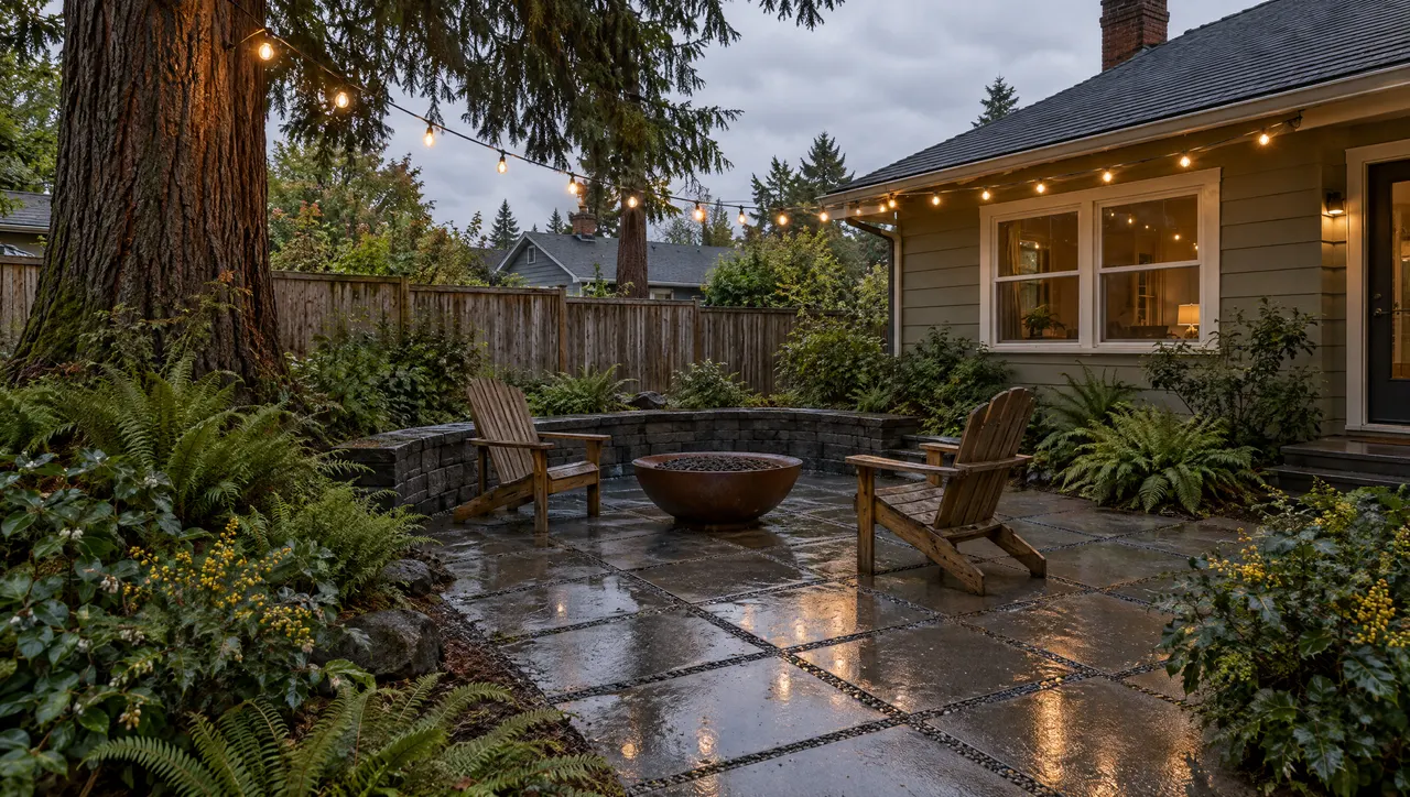 After: a permeable paver patio with a curved seat wall, a steel fire bowl and two wooden chairs under the same fir, ferns around the edges