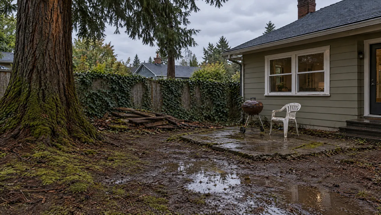 Before: bare, muddy ground and moss under a large Douglas fir, a cracked slab with a rusty grill and ivy on the fence