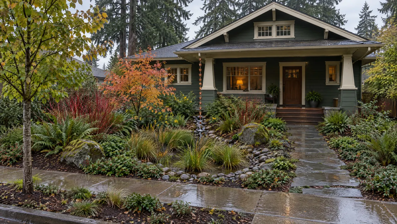 After: the same front yard as a rain garden with sword ferns, sedges, red-twig dogwood, a vine maple in fall color, river rock and a basalt path