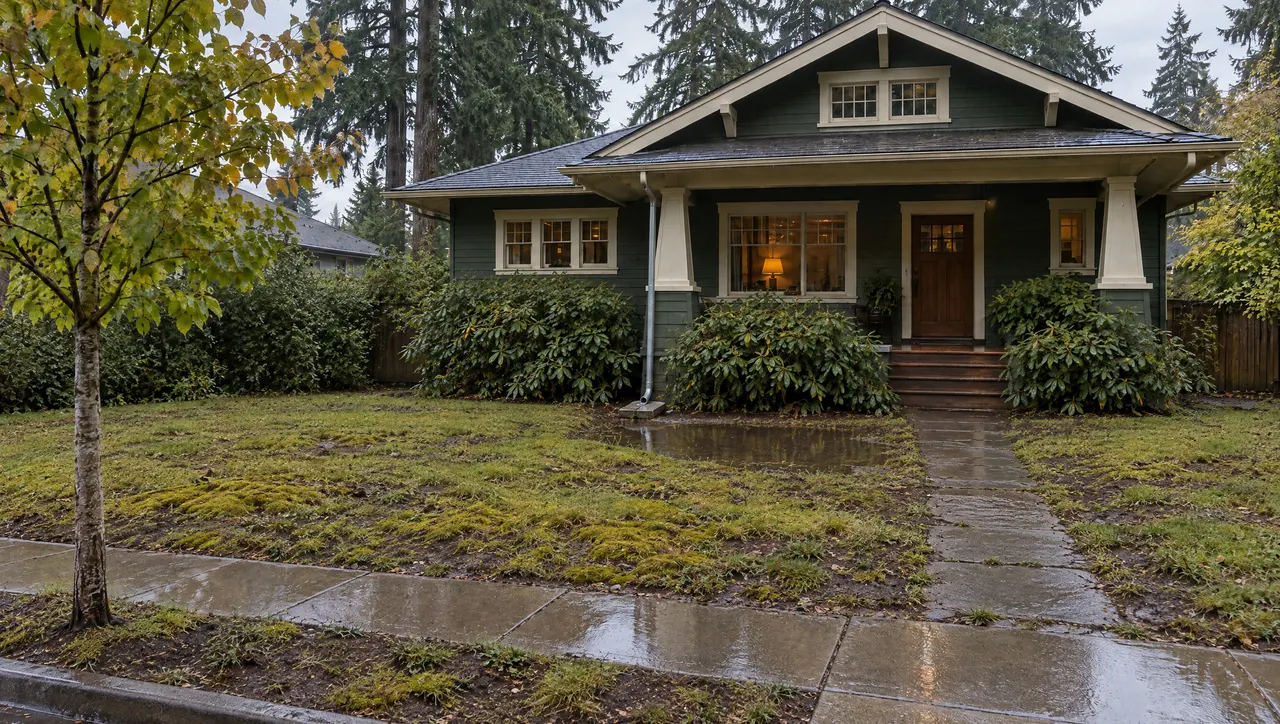 Before: a patchy, mossy front lawn with a puddle where the downspout empties, in front of a green Craftsman bungalow