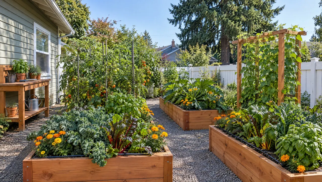 After: four cedar raised beds full of tomatoes, kale, chard and zucchini, gravel paths and a bean trellis in the same side yard