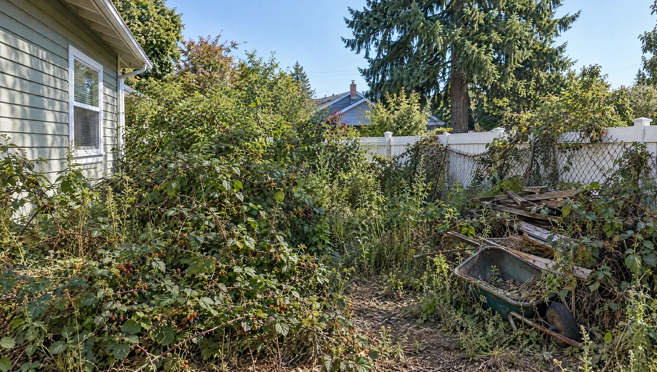 Before: a side yard overgrown with blackberry brambles and weeds, a broken wheelbarrow and a pile of old lumber