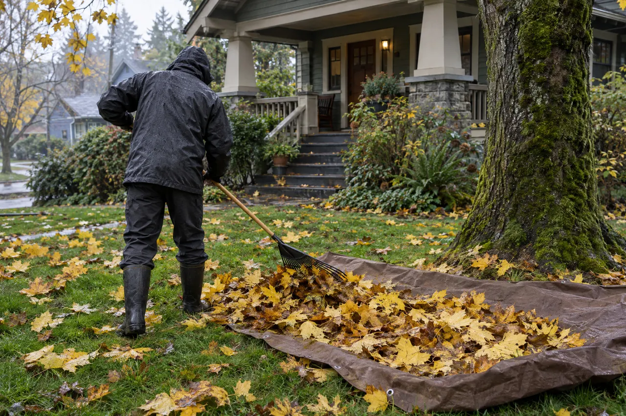 A landscaper in a rain jacket raking yellow bigleaf maple leaves onto a tarp on a wet lawn in front of a Craftsman porch