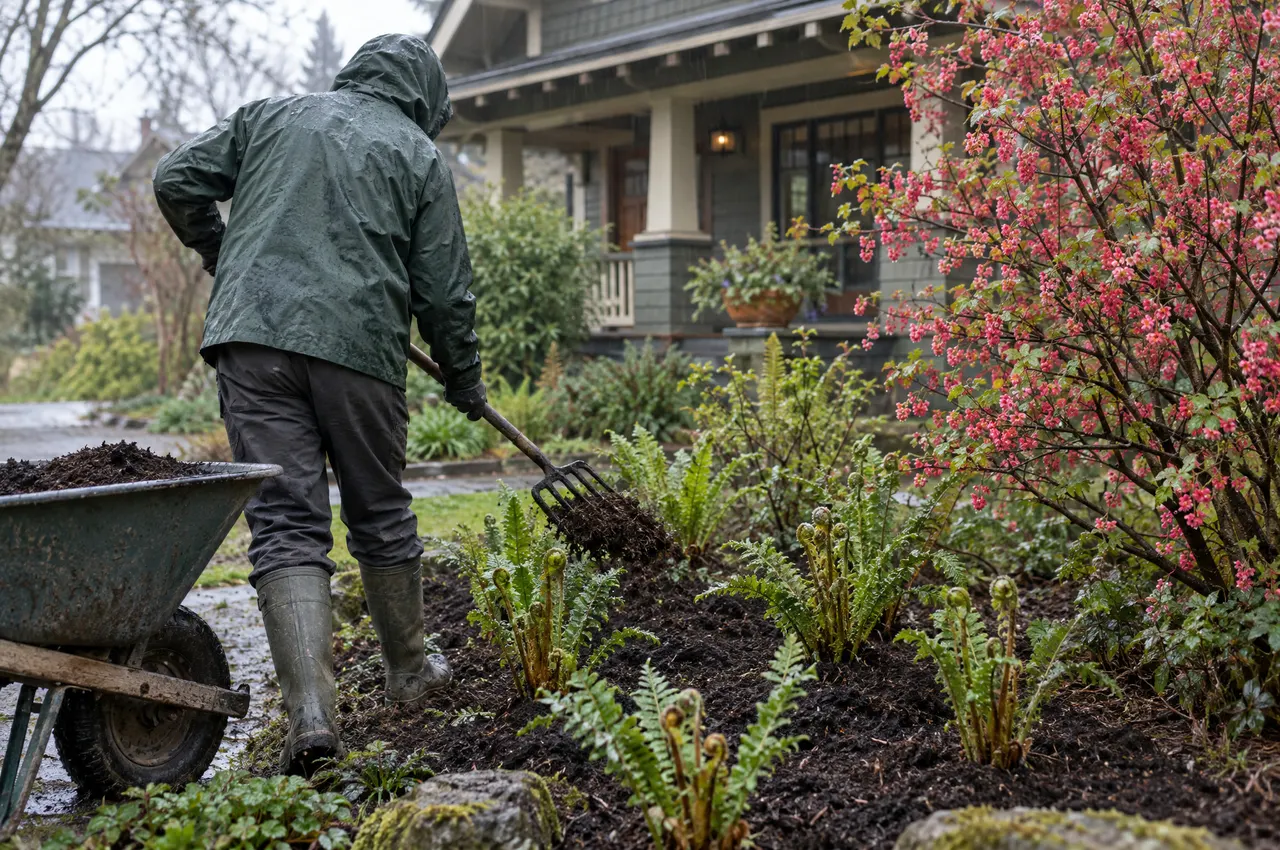 A landscaper in a green rain jacket spreading dark compost from a wheelbarrow around young sword ferns, a red-flowering currant in pink bloom beside the bed