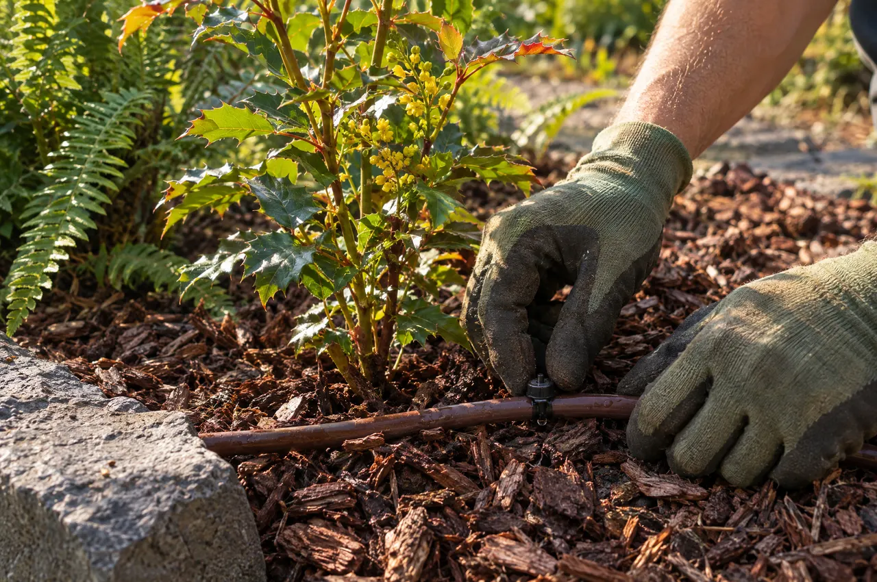 Gloved hands adjusting a drip irrigation emitter at the base of a young Oregon grape in fresh bark mulch