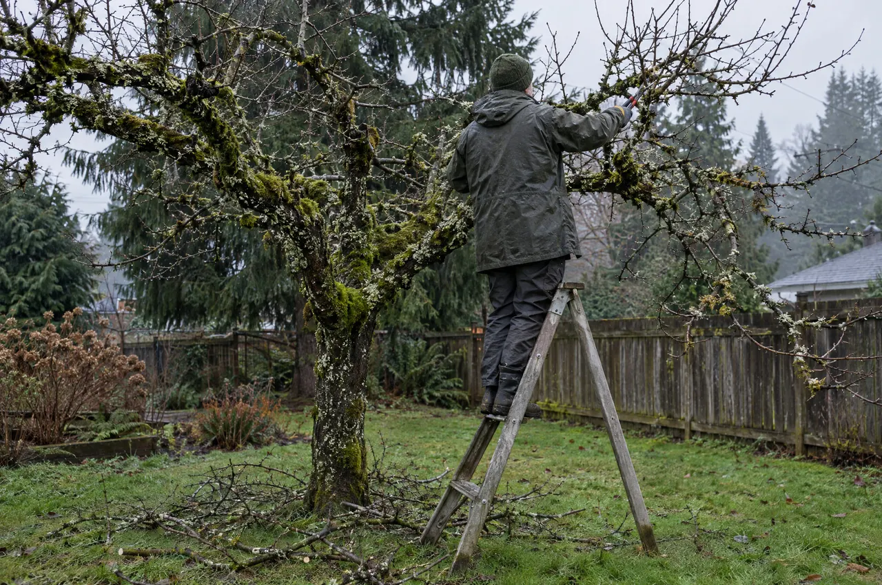 A gardener on an orchard ladder pruning a bare, mossy apple tree in light rain