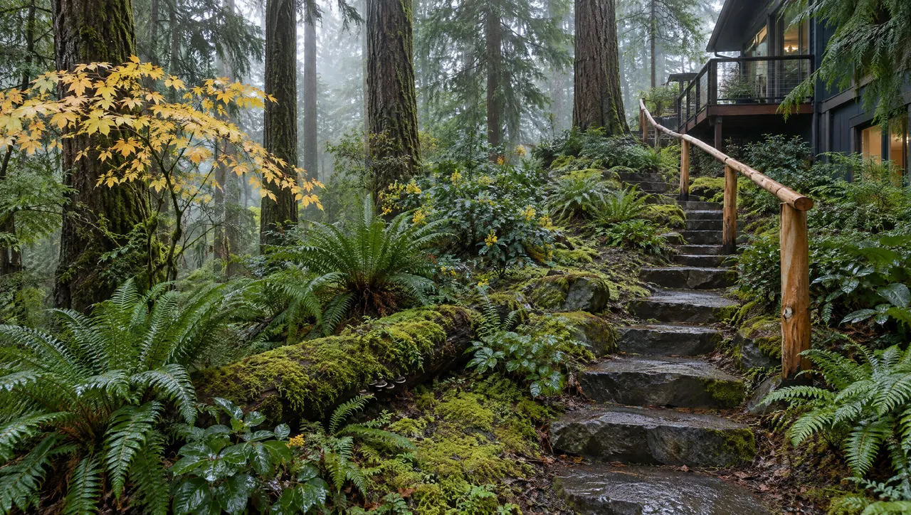 After: the same slope with sword ferns, moss, a nurse log, basalt steps and a cedar handrail under the firs