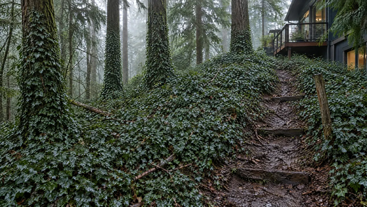Before: a slope under tall firs smothered in English ivy, ivy climbing the trunks and a muddy path with rotting steps