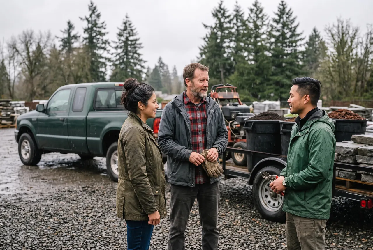 Marisol Ortega, Ben Whitaker and Tuan Nguyen talking in the company yard in front of a green pickup and a trailer, in light rain