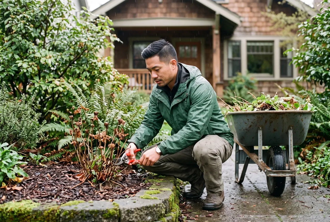 Tuan Nguyen cutting back perennials in a front garden bed during a light rain, a wheelbarrow of clippings beside him