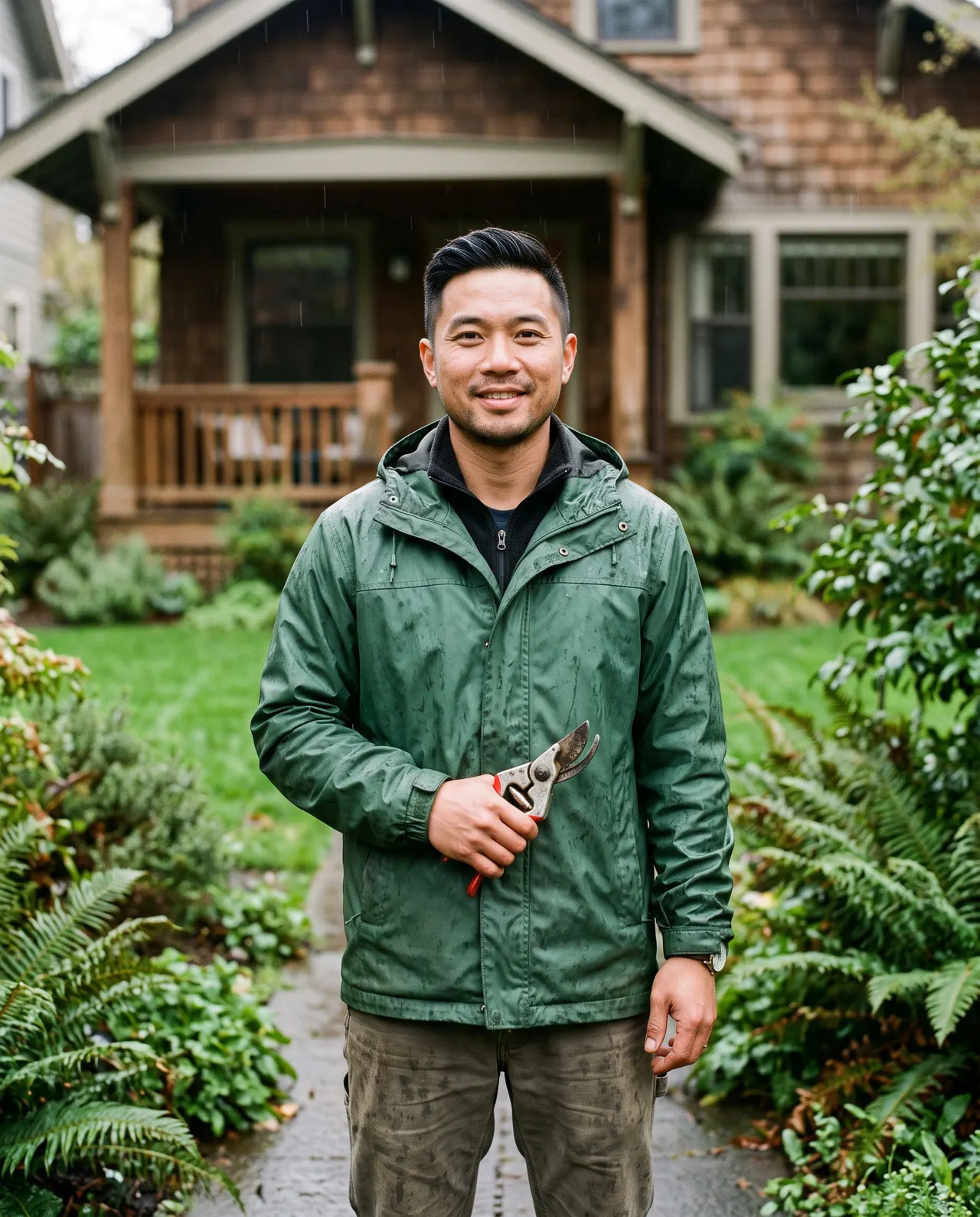 Tuan Nguyen, maintenance lead, holding hand pruners in a front garden in light rain