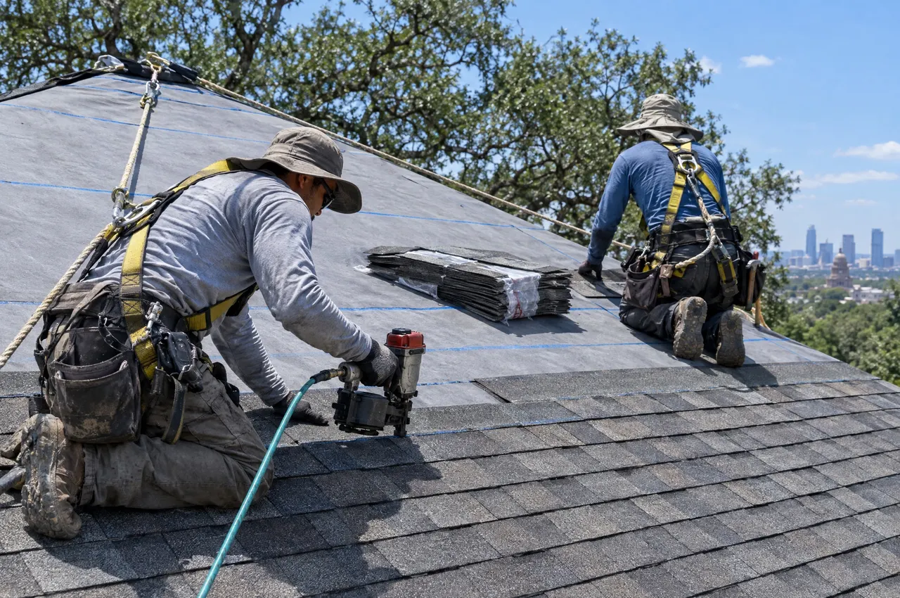 Two roofers in harnesses nailing new shingles, downtown Austin and the Capitol dome in the distance